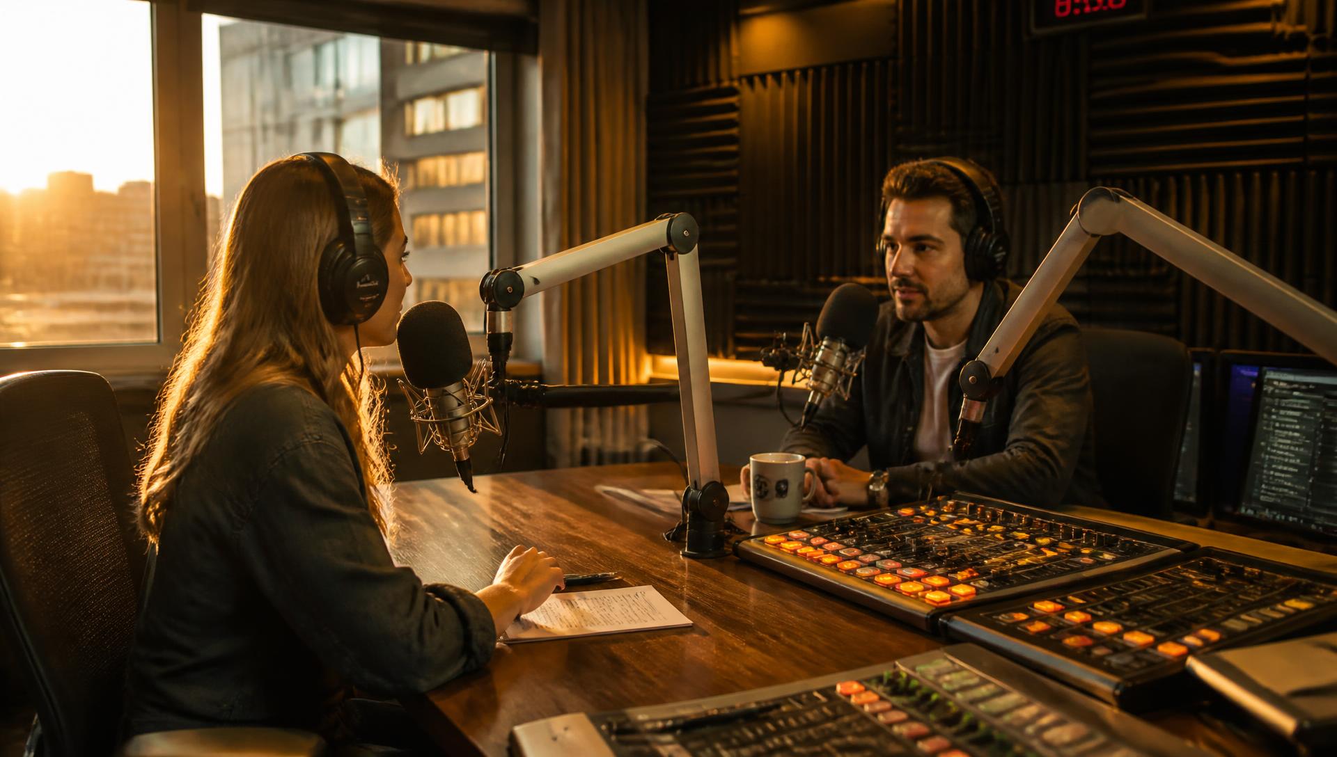 Two presenters live on air in a modern radio studio