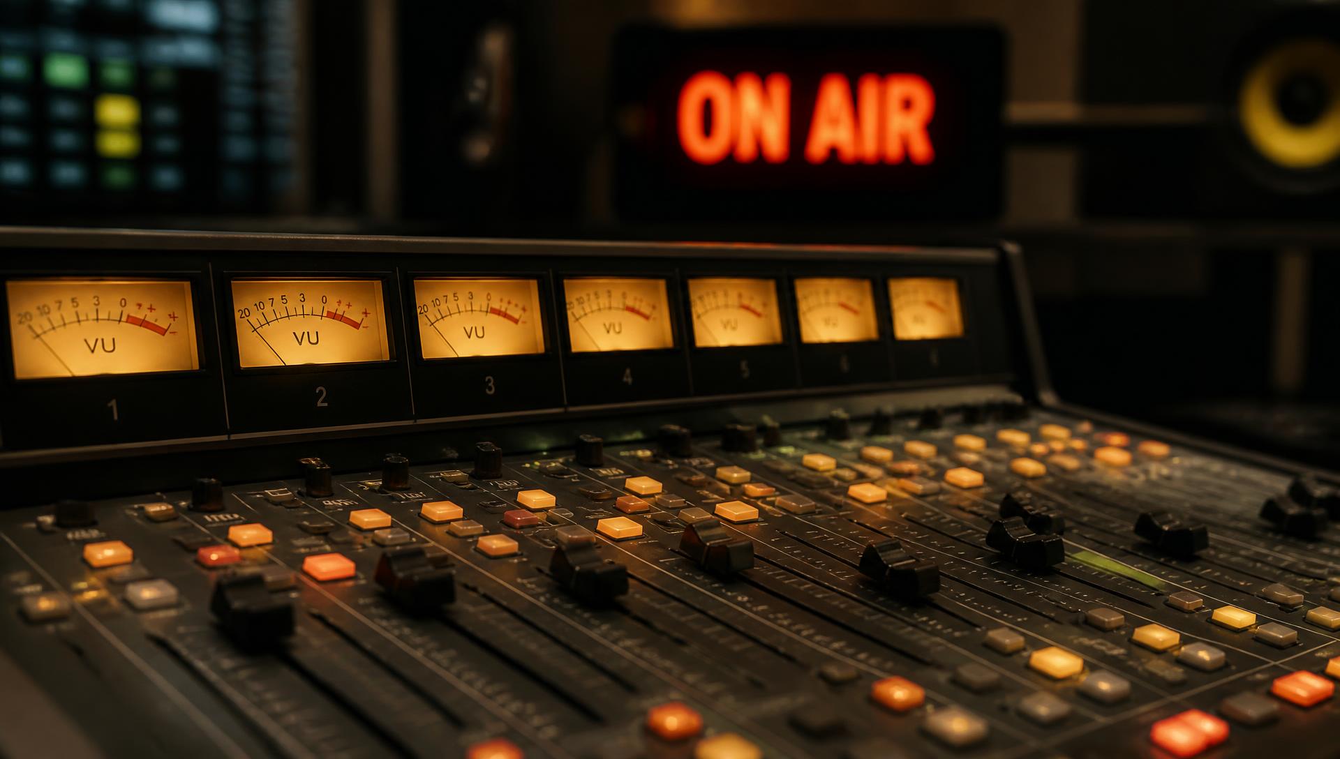Close-up of a broadcast mixing console during a live show