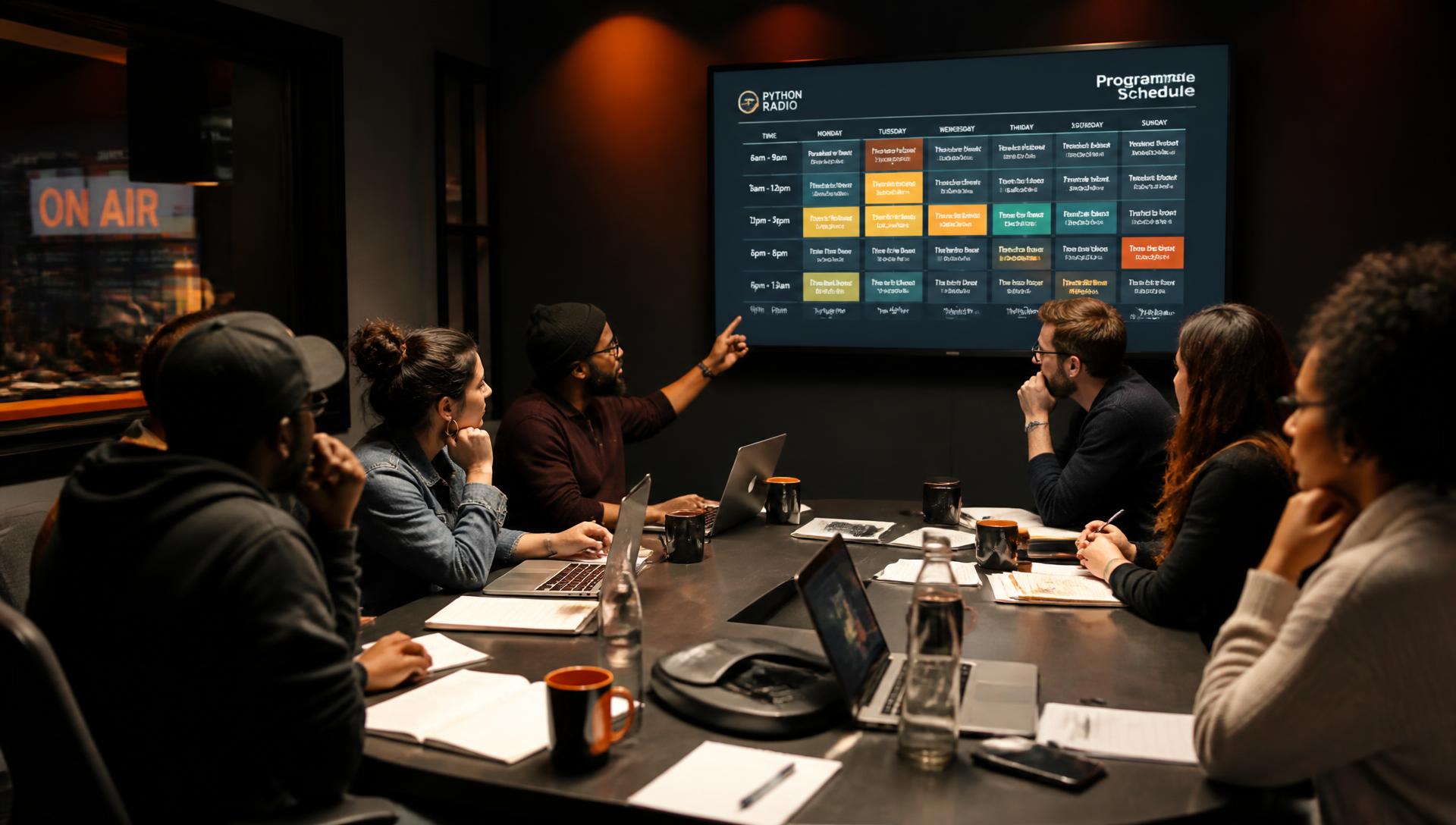 Production team reviewing the weekly programme schedule
